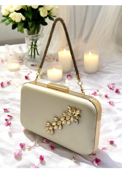 Ten Renk Saten Taşlı Saplı Kadın Abiye Çanta Düğün Nişan Mezuniyet