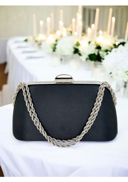Özel Tasarım Siyah Renk Saten Zincir Saplı Kristal Taşlı Saplı Kulplu Kadın Abiye Çanta fiyatları