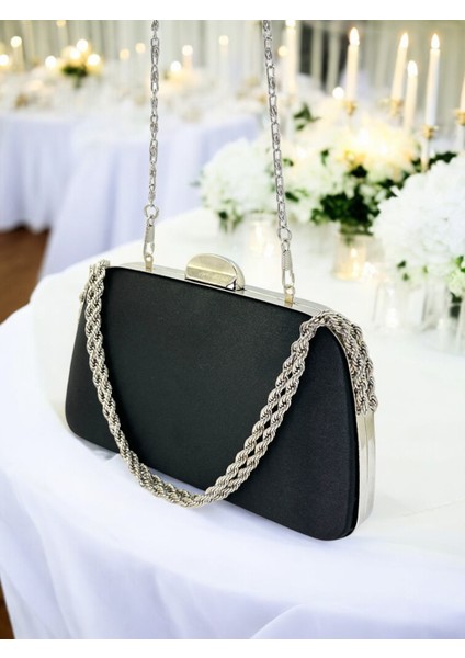 Özel Tasarım Siyah Renk Saten Zincir Saplı Kristal Taşlı Saplı Kulplu Kadın Abiye Çanta modelleri