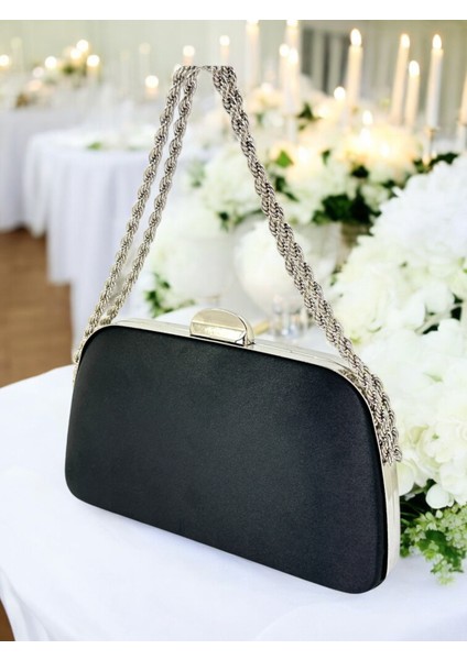 Özel Tasarım Siyah Renk Saten Zincir Saplı Kristal Taşlı Saplı Kulplu Kadın Abiye Çanta indirimleri