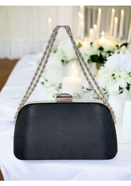 Özel Tasarım Siyah Renk Saten Zincir Saplı Kristal Taşlı Saplı Kulplu Kadın Abiye Çanta