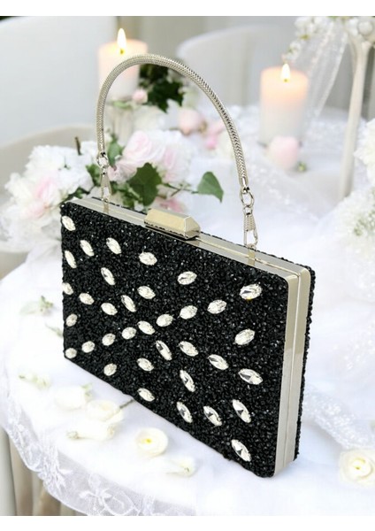 Siyah Renk Taşlı Kadın Abiye Çanta Zincir Askılı Düğün Nişan Mezuniyet