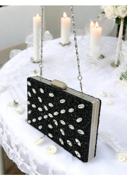 Siyah Renk Taşlı Kadın Abiye Çanta Zincir Askılı Düğün Nişan Mezuniyet indirimleri