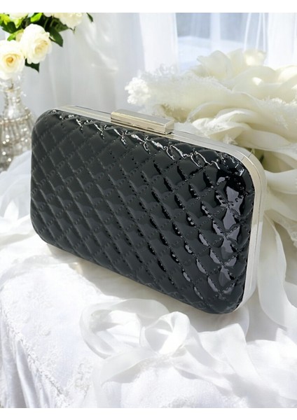 Siyah Lüks Rugan Kapitone Desenli Kadın Abye Çanta Düğün Nişan Mezuniyet