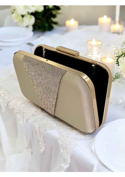 Nude Renk Saten Altın Taşlı Abiye Çanta Gece Çantası Nişan Düğün Çantası modelleri