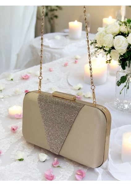 Nude Renk Saten Altın Taşlı Abiye Çanta Gece Çantası Nişan Düğün Çantası indirimleri