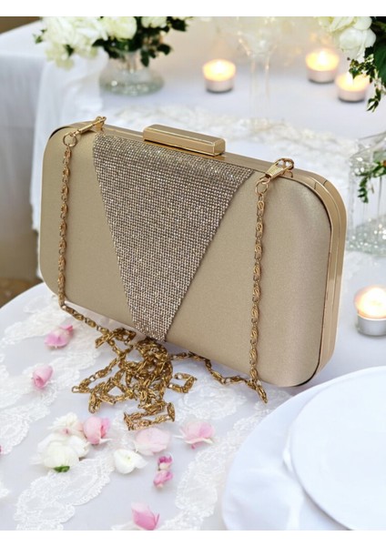 Nude Renk Saten Altın Taşlı Abiye Çanta Gece Çantası Nişan Düğün Çantası