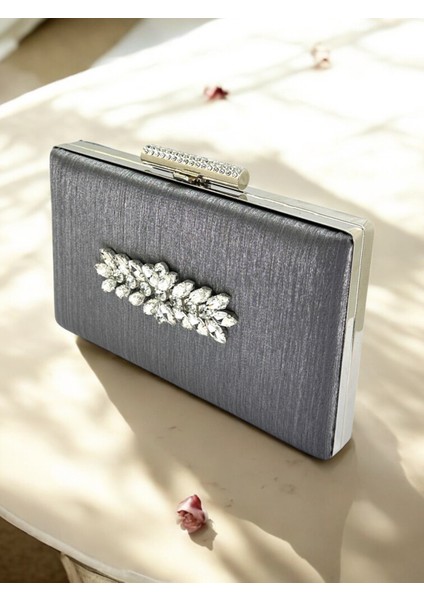 Antrasit Gri Platin Renk El Izi Yapmayan Simli Saten Kristal Taşlı Kadın Abiye Çanta Düğün Nişan