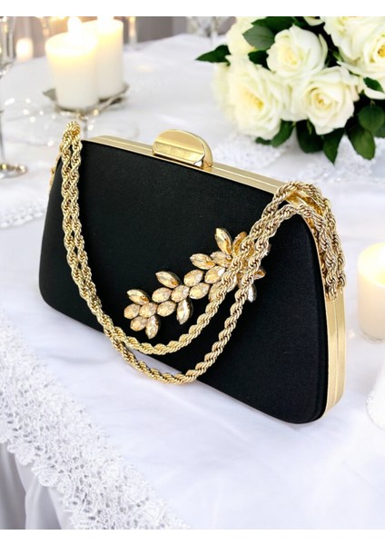 Özel Tasarım Siyah Renk Saten Zincir Saplı Gümüş Kristal Taşlı Saplı Kulplu Kadın Abiye Çanta