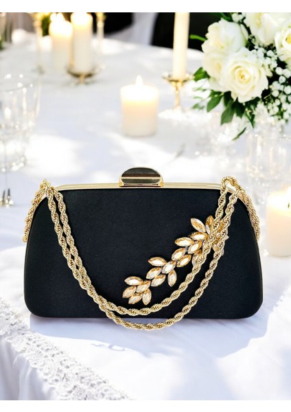 Özel Tasarım Siyah Renk Saten Zincir Saplı Gümüş Kristal Taşlı Saplı Kulplu Kadın Abiye Çanta fiyatları