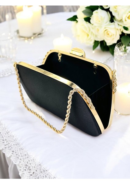 Özel Tasarım Siyah Renk Saten Zincir Saplı Gümüş Kristal Taşlı Saplı Kulplu Kadın Abiye Çanta modelleri