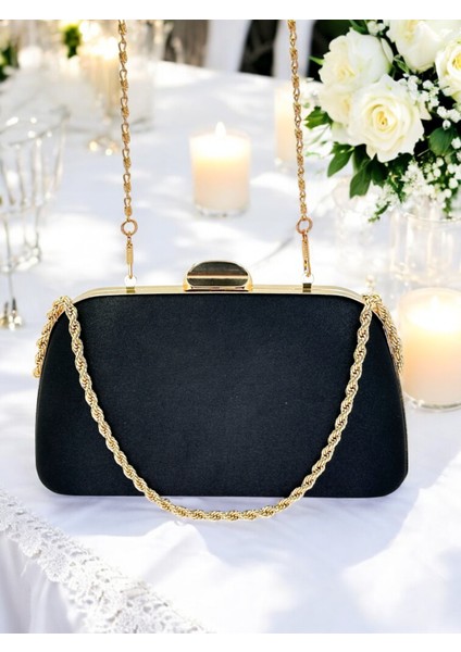 Özel Tasarım Siyah Renk Saten Zincir Saplı Gümüş Kristal Taşlı Saplı Kulplu Kadın Abiye Çanta fırsatları