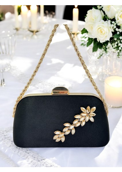 Özel Tasarım Siyah Renk Saten Zincir Saplı Gümüş Kristal Taşlı Saplı Kulplu Kadın Abiye Çanta