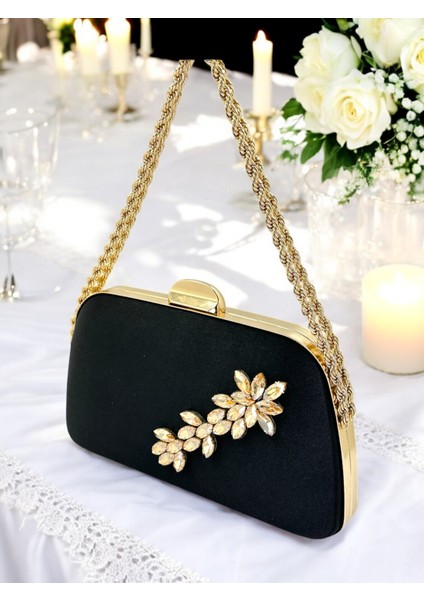 Özel Tasarım Siyah Renk Saten Zincir Saplı Gümüş Kristal Taşlı Saplı Kulplu Kadın Abiye Çanta