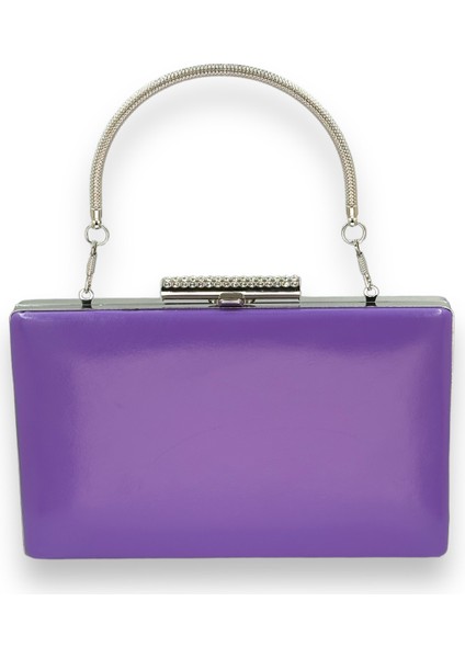 Mor Renk Cilt Deri Mat Deri Metal Saplı Abiye Çanta Gece Çantası Düğün Nişan Kına
