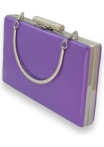 Mor Renk Cilt Deri Mat Deri Metal Saplı Abiye Çanta Gece Çantası Düğün Nişan Kına