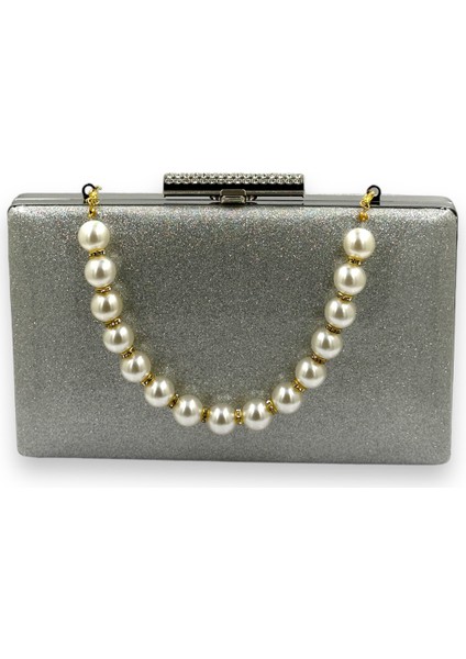 Gümüş Kumsim Üzeri Silikon Kaplamalı Inci Askılı Ithal Abiye Çanta Gece Çantası Düğün Nişan Kına