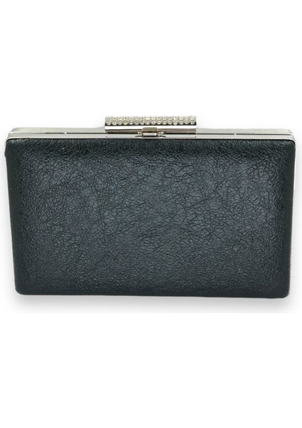 Siyah Kristal Desenli Mat Deri Metal Saplı Abiye Çanta Gece Çantası Kına Düğün Nişan Çantası