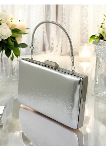 Gümüş Gri Lame Kırışık Cilt Deri Metalik Renk Zincir Askılı Abiye Çanta Düğün Nişan Mezuniyet