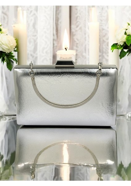 Gümüş Gri Lame Kırışık Cilt Deri Metalik Renk Zincir Askılı Abiye Çanta Düğün Nişan Mezuniyet