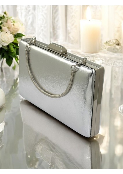 Gümüş Gri Lame Kırışık Cilt Deri Metalik Renk Zincir Askılı Abiye Çanta Düğün Nişan Mezuniyet