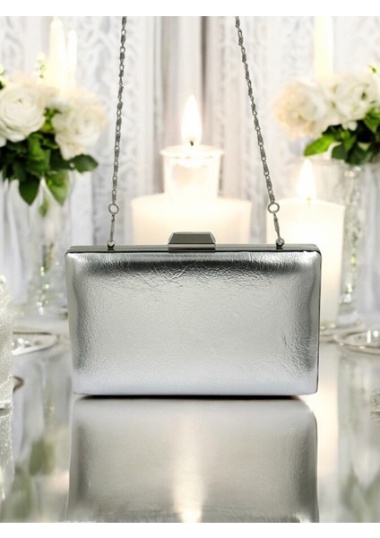 Gümüş Gri Lame Kırışık Cilt Deri Metalik Renk Zincir Askılı Abiye Çanta Düğün Nişan Mezuniyet indirimleri