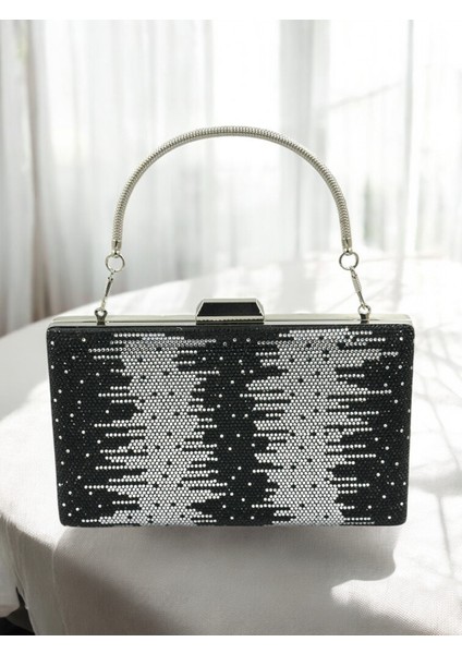Özel Tasarım Çift Renk Siyah Gümüş Metal Saplı Kristal Taşlı Abiye Çanta Düğün Nişan Kına Mezuniyet