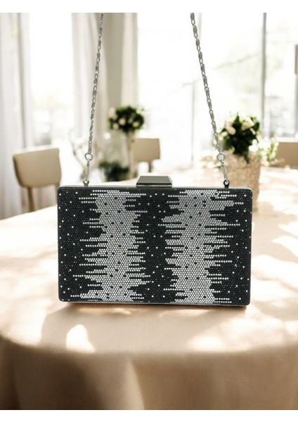 Özel Tasarım Çift Renk Siyah Gümüş Metal Saplı Kristal Taşlı Abiye Çanta Düğün Nişan Kına Mezuniyet fırsatları