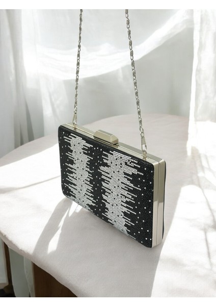 Özel Tasarım Çift Renk Siyah Gümüş Metal Saplı Kristal Taşlı Abiye Çanta Düğün Nişan Kına Mezuniyet indirimleri