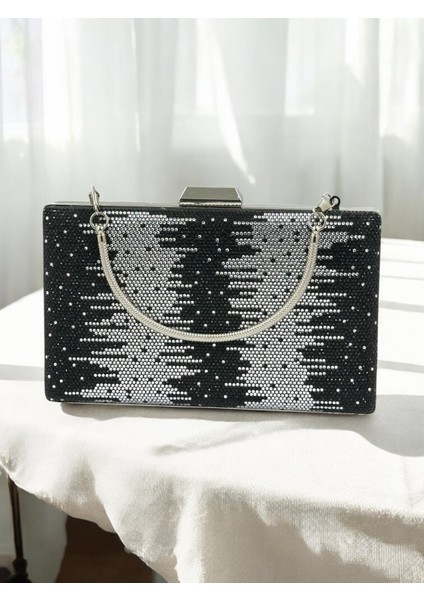 Özel Tasarım Çift Renk Siyah Gümüş Metal Saplı Kristal Taşlı Abiye Çanta Düğün Nişan Kına Mezuniyet