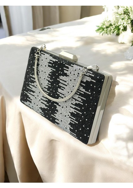 Özel Tasarım Çift Renk Siyah Gümüş Metal Saplı Kristal Taşlı Abiye Çanta Düğün Nişan Kına Mezuniyet