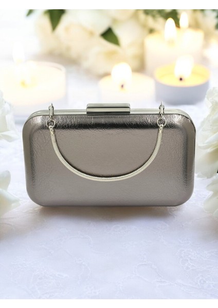 Antrasit Gri Platin Kırışık Cilt Deri Metalik Renk Zincir Askılı Abiye Çanta Düğün Nişan Mezuniyet