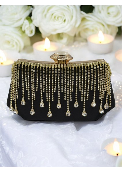 Siyah Saten Kadın Abiye Çanta Düğün Nişan modelleri