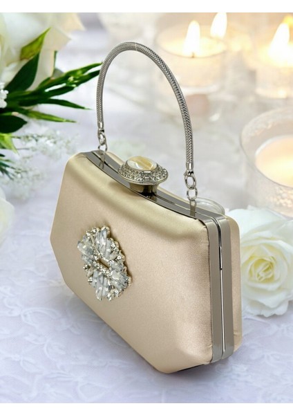 Ten Nude Renk Gümüş Kristal Taşlı Zarif Tasarım Metal Saplı Abiye Çantası
