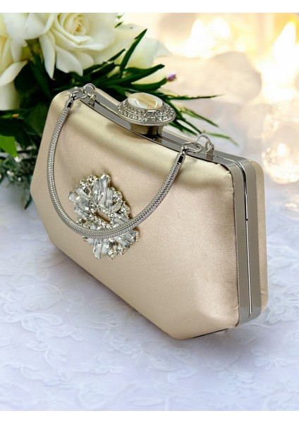 Ten Nude Renk Gümüş Kristal Taşlı Zarif Tasarım Metal Saplı Abiye Çantası fırsatları