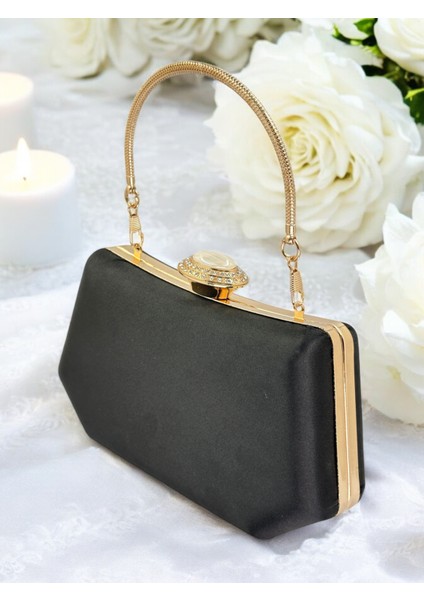 Siyah Renk Altın Kristal Taşlı Zarif Tasarım Metal Saplı Abiye Çantası