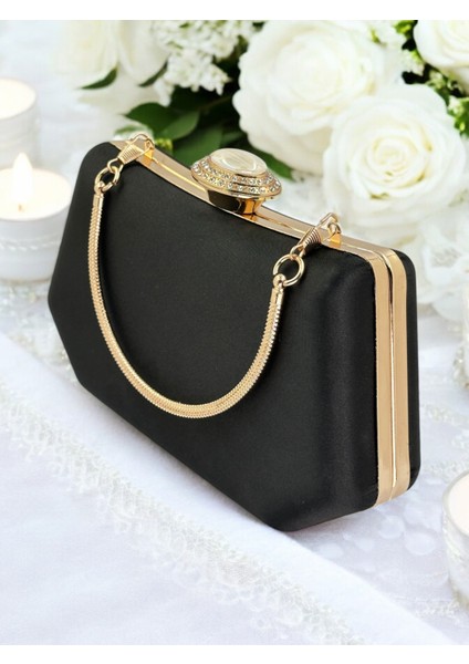 Siyah Renk Altın Kristal Taşlı Zarif Tasarım Metal Saplı Abiye Çantası fırsatları