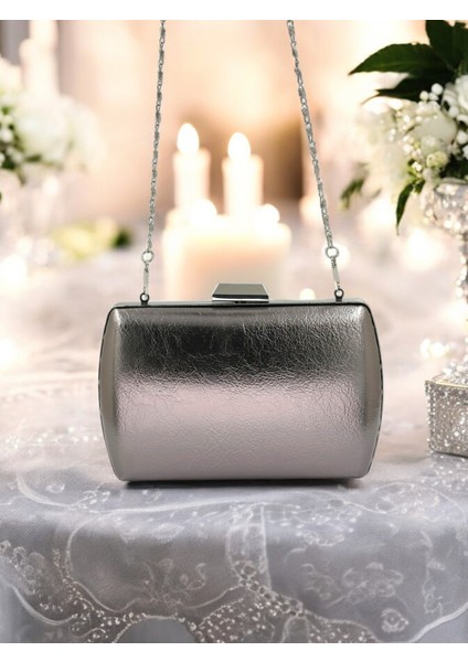 Antrasit Gri Platin Kırışık Cilt Deri Metalik Renk Zincir Askılı Abiye Çanta Düğün Nişan Mezuniyet indirimleri
