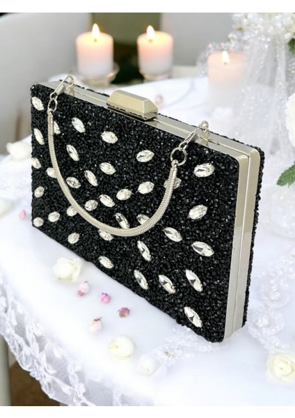 Siyah Renk Taşlı Kadın Abiye Çanta Zincir Askılı Düğün Nişan Mezuniyet