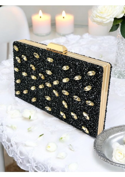 Siyah Renk Altın Taşlı Kadın Abiye Çanta Zincir Askılı Düğün Nişan Mezuniyet