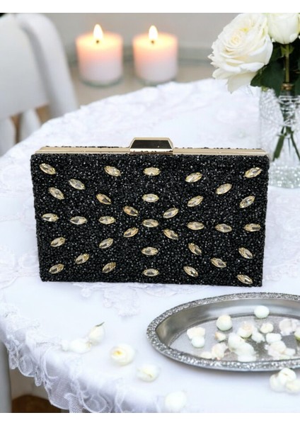 Siyah Renk Altın Taşlı Kadın Abiye Çanta Zincir Askılı Düğün Nişan Mezuniyet fiyatları