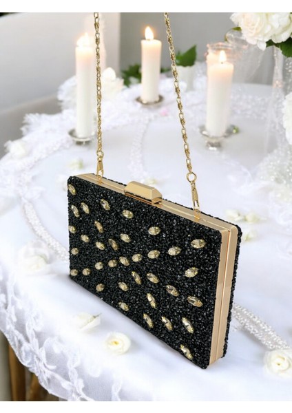Siyah Renk Altın Taşlı Kadın Abiye Çanta Zincir Askılı Düğün Nişan Mezuniyet indirimleri