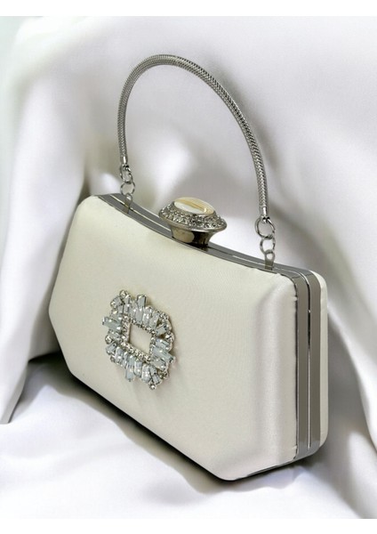 Sedef Ekru Renk Gümüş Kristal Taşlı Zarif Tasarım Metal Saplı Abiye Çantası