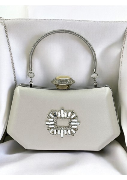 Sedef Ekru Renk Gümüş Kristal Taşlı Zarif Tasarım Metal Saplı Abiye Çantası fiyatları