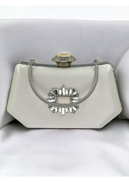 Sedef Ekru Renk Gümüş Kristal Taşlı Zarif Tasarım Metal Saplı Abiye Çantası modelleri