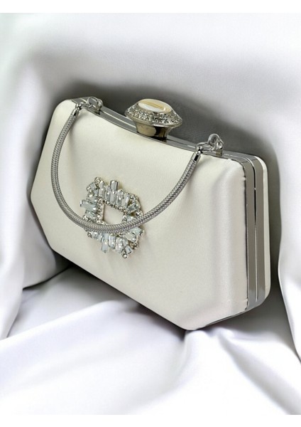 Sedef Ekru Renk Gümüş Kristal Taşlı Zarif Tasarım Metal Saplı Abiye Çantası fırsatları