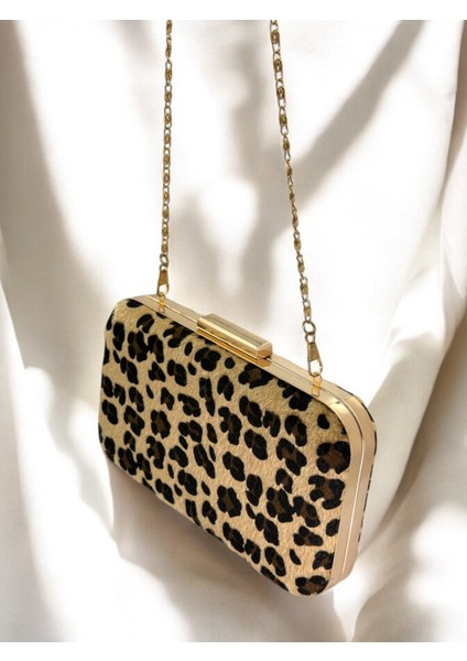 Tüylü Ithal Leopar Desenli Metal Oval Kasalı Abiye Çanta Gece Çantası Düğün Nişan Mezuniyet indirimleri
