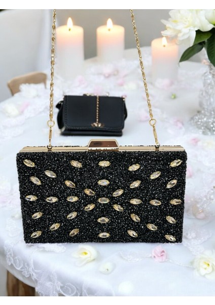 Siyah Renk Taşlı Kadın Abiye Çanta Zincir Askılı Düğün Nişan Mezuniyet fırsatları