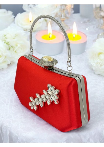 Kırmızı Renk Gümüş Kristal Taşlı Zarif Tasarım Metal Saplı Abiye Çantası