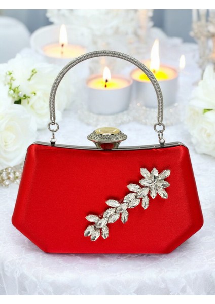 Kırmızı Renk Gümüş Kristal Taşlı Zarif Tasarım Metal Saplı Abiye Çantası fiyatları
